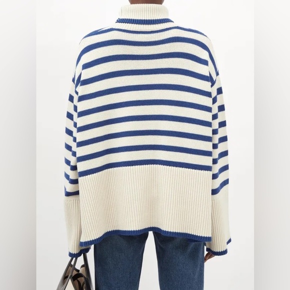 Toteme Signature Stripe Turtleneck Wool Cotton Oversized Knit Sweater Top Blue - Picture 9 of 12
